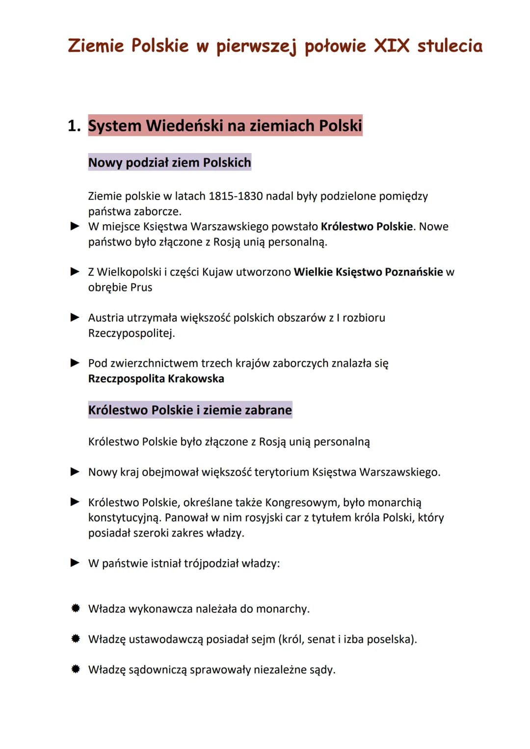 Ziemie Polskie w pierwszej połowie XIX stulecia
1. System Wiedeński na ziemiach Polski
Nowy podział ziem Polskich
Ziemie polskie w latach 18