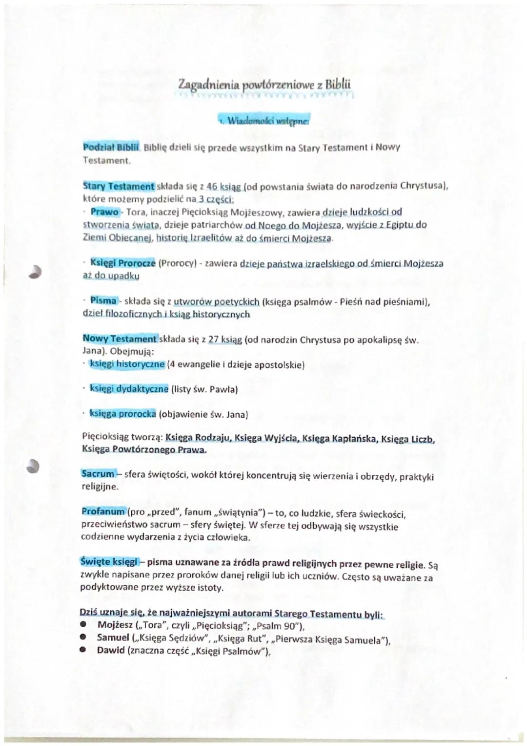 Zagadnienia powtórzeniowe z Biblii