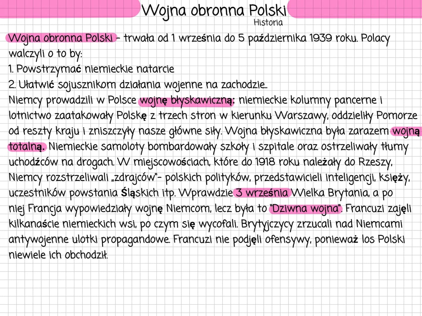 Wojna obronna Polski
Historia
Wojna obronna Polski - trwała od 1 września do 5 października 1939 roku. Polacy
walczyli o to by:
1. Powstrzym