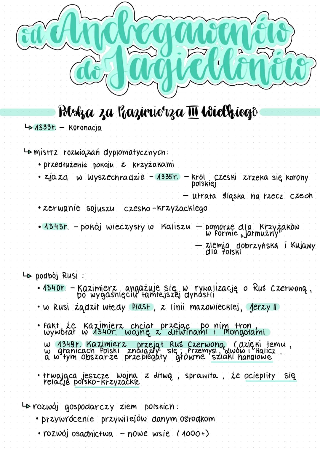 ac Andegauentio
de Jagiellinew
41333r. Koronacja
Polska za Razimierza M wielkiego
↳ mistrz rozwiązań dyplomatycznych:
przedłużenie pokoju z 