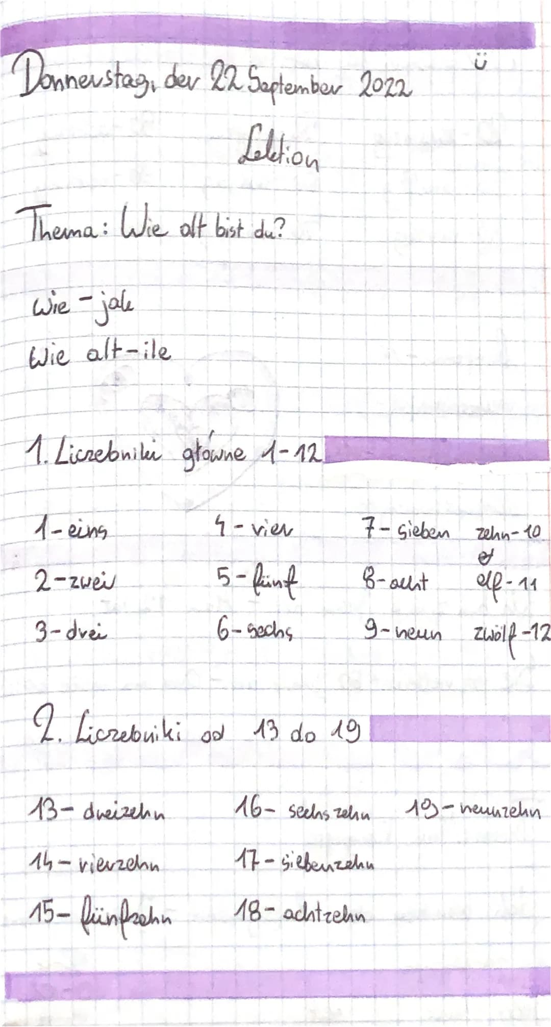 Donnerstag, dev 22 September 2022
Leletion
Thema: Wie oft bist du?
wie - jak
Wie alt-ile
1. Liczebniki głowne 1-12
1-eins
2-zwei
3-dvei
4-vi
