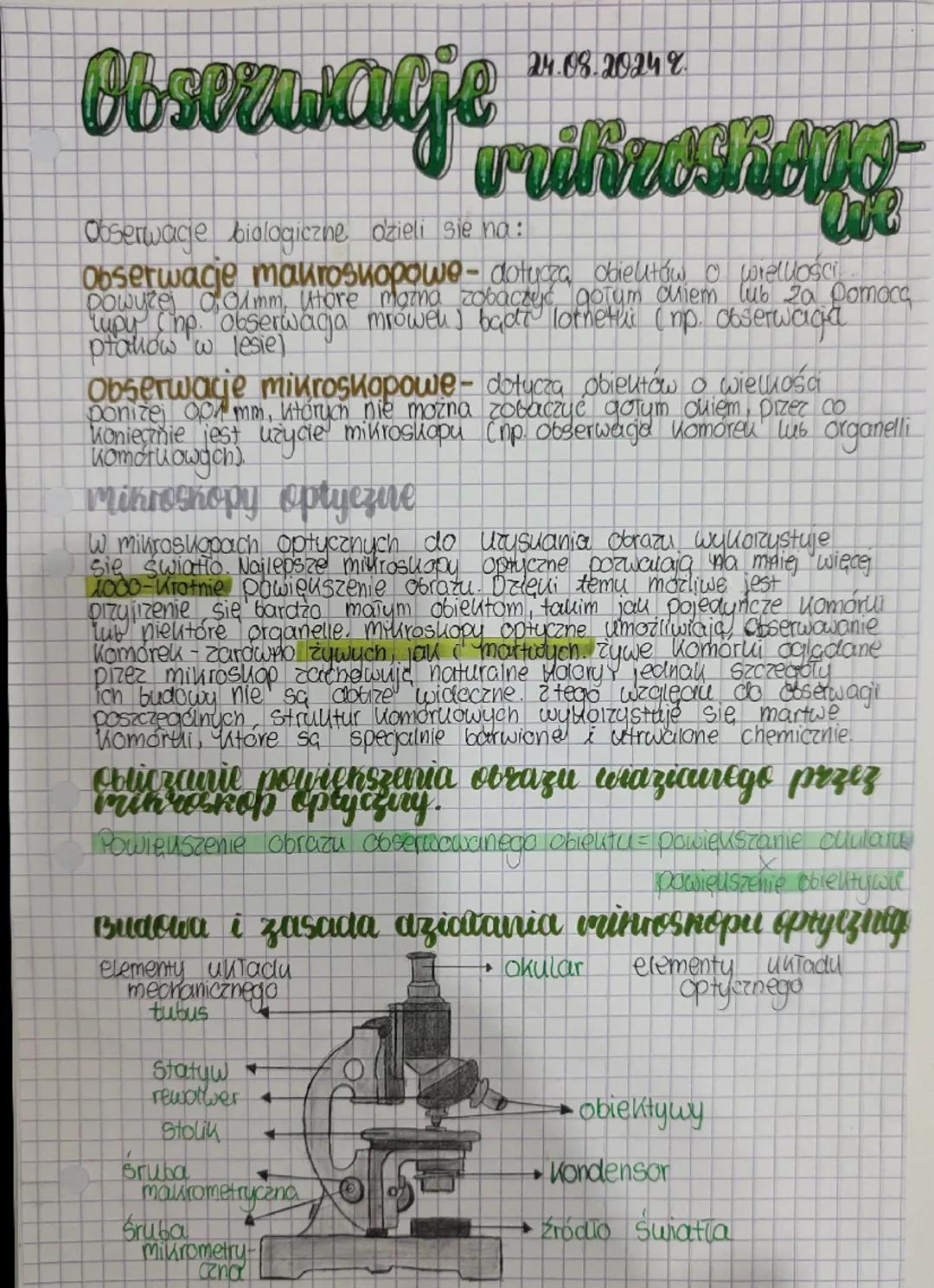 Obserwage
24.08.2024 %.
Frilizoshope
Obserwacje biologiczne dzieli sie na:
Obserwacje makroskopowe - dotucza obiektów o wielkości
Powyżej 0.
