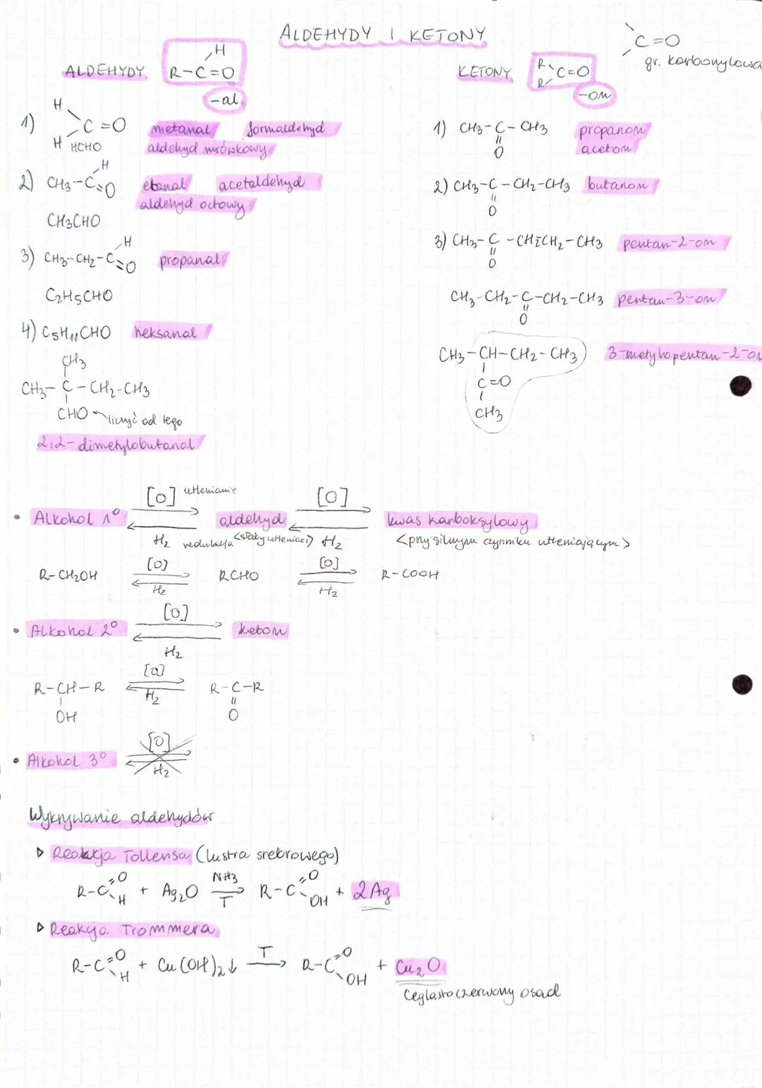 ALDEHYDY
O
H
C =0
н нено
H
2) CH3-C=0
CH3CHO
3) CH3-CH2-сто propanal
СгНасно
Alkohol 1°
R-CHгон
H
4) C5H₁ CHO heksanal
сно
СН3- с - CH2-CH3
