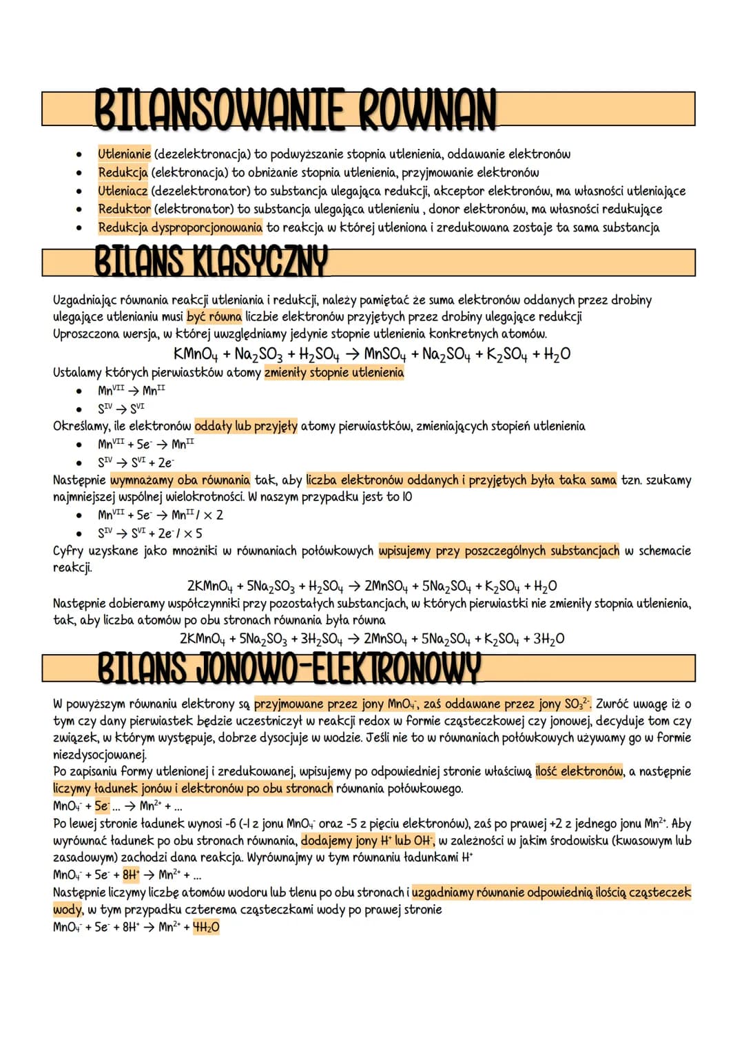 ●
●
●
BILANSOWANIE ROWNAN
Utlenianie (dezelektronacja) to podwyższanie stopnia utlenienia, oddawanie elektronów
Redukcja (elektronacja) to o