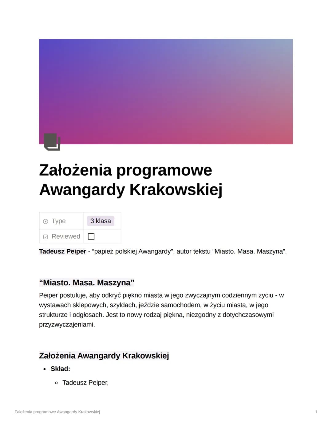 Założenia programowe
Awangardy Krakowskiej
Ⓒ Type
Reviewed
3 klasa
Tadeusz Peiper - "papież polskiej Awangardy", autor tekstu "Miasto. Masa.