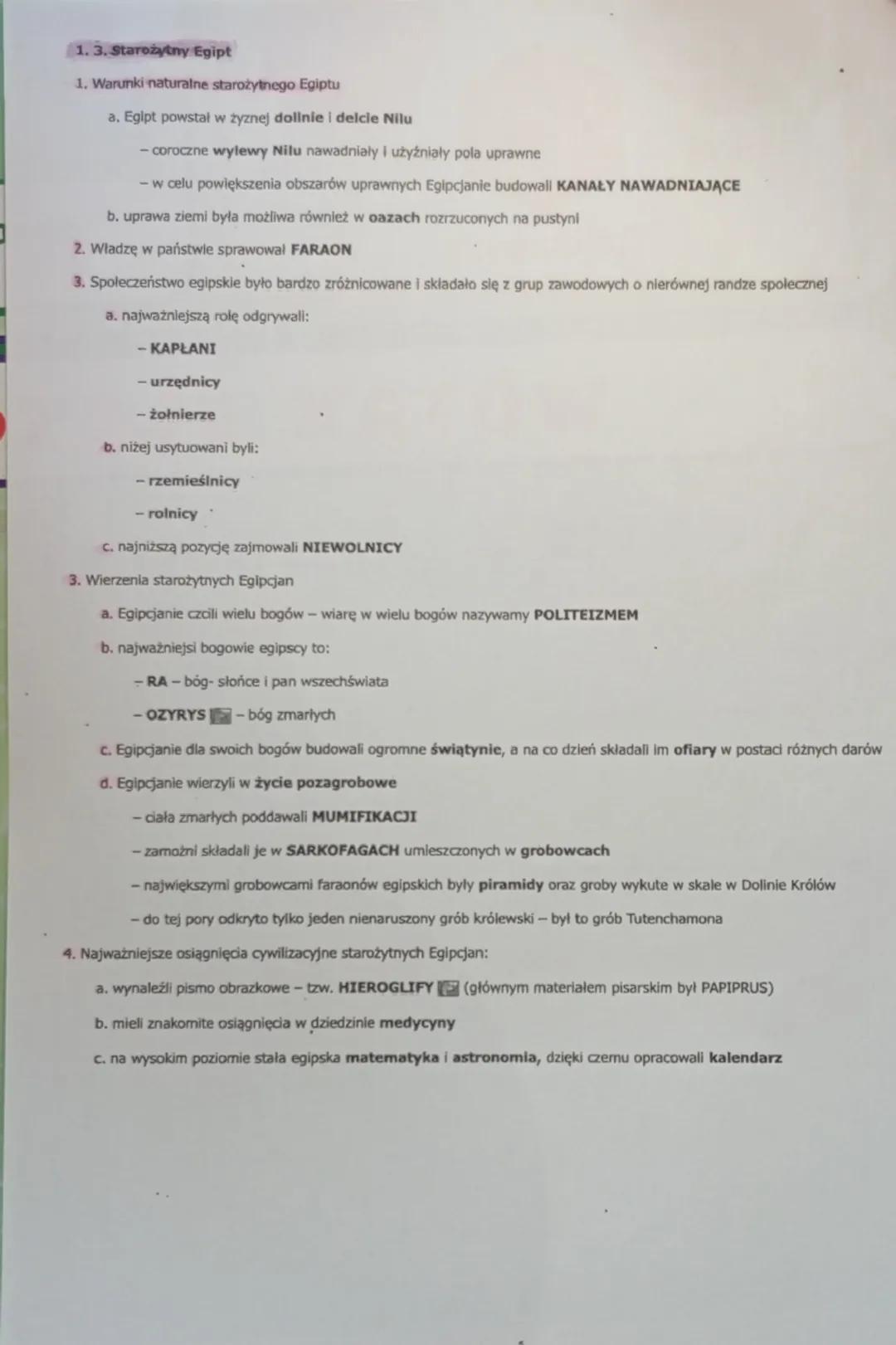 1. 3. Starożytny Egipt
1. Warunki naturalne starożytnego Egiptu
a. Egipt powstał w żyznej dolinie i delcie Nilu
-coroczne wylewy Nilu nawadn