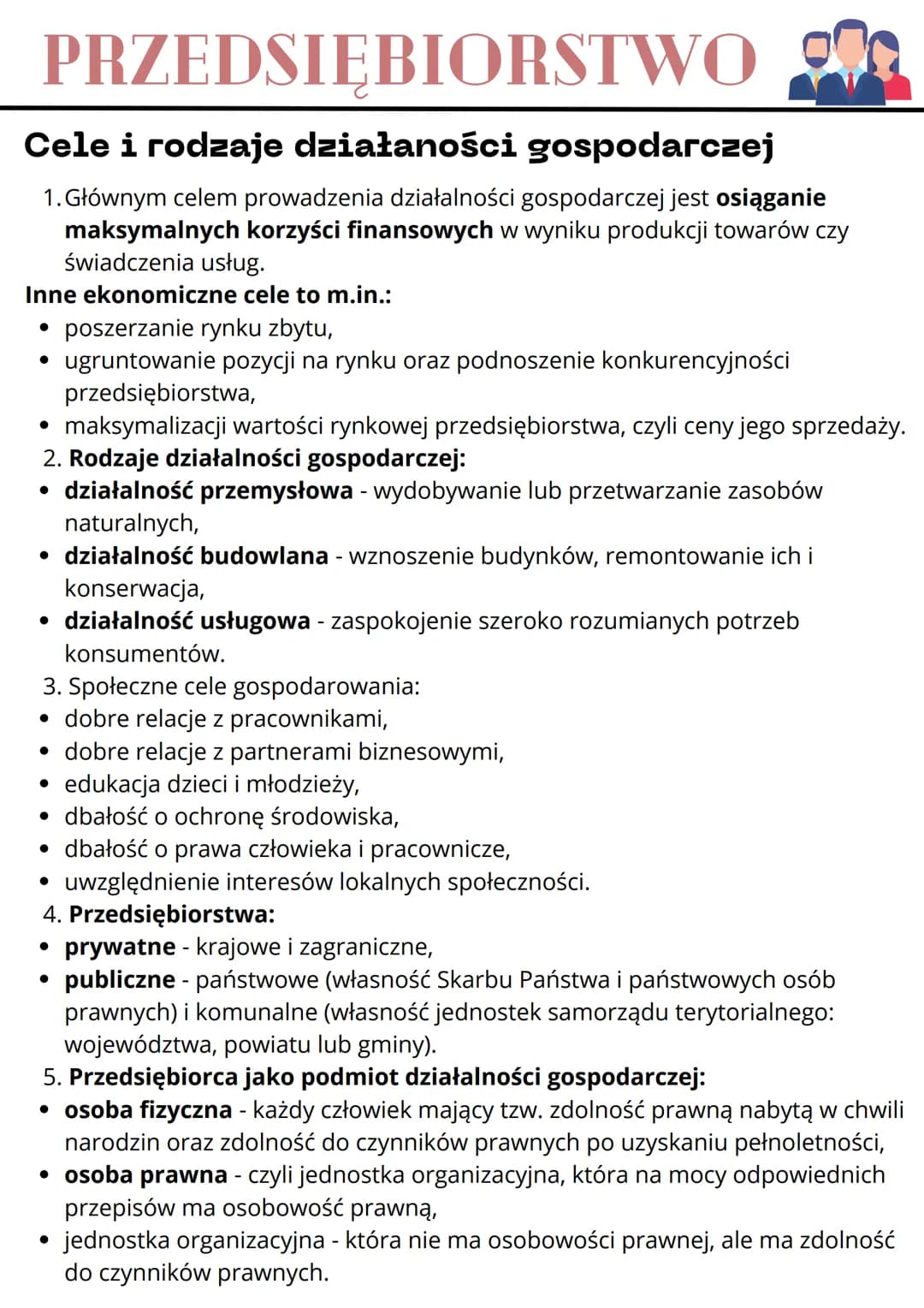 PRZEDSIĘBIORSTWO
Cele i rodzaje działaności gospodarczej
1. Głównym celem prowadzenia działalności gospodarczej jest osiąganie
maksymalnych 