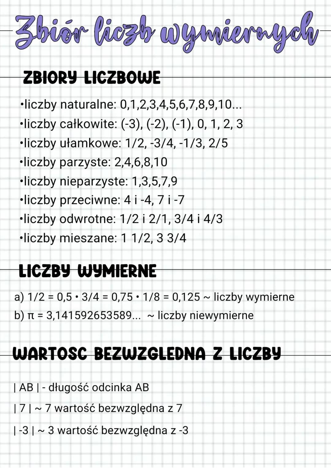 Zbiór liczb wymiernych
ZBIORY LICZBOWE
·liczby naturalne: 0,1,2,3,4,5,6,7,8,9,10...
liczby całkowite: (-3), (-2), (-1), 0, 1, 2, 3
·liczby u