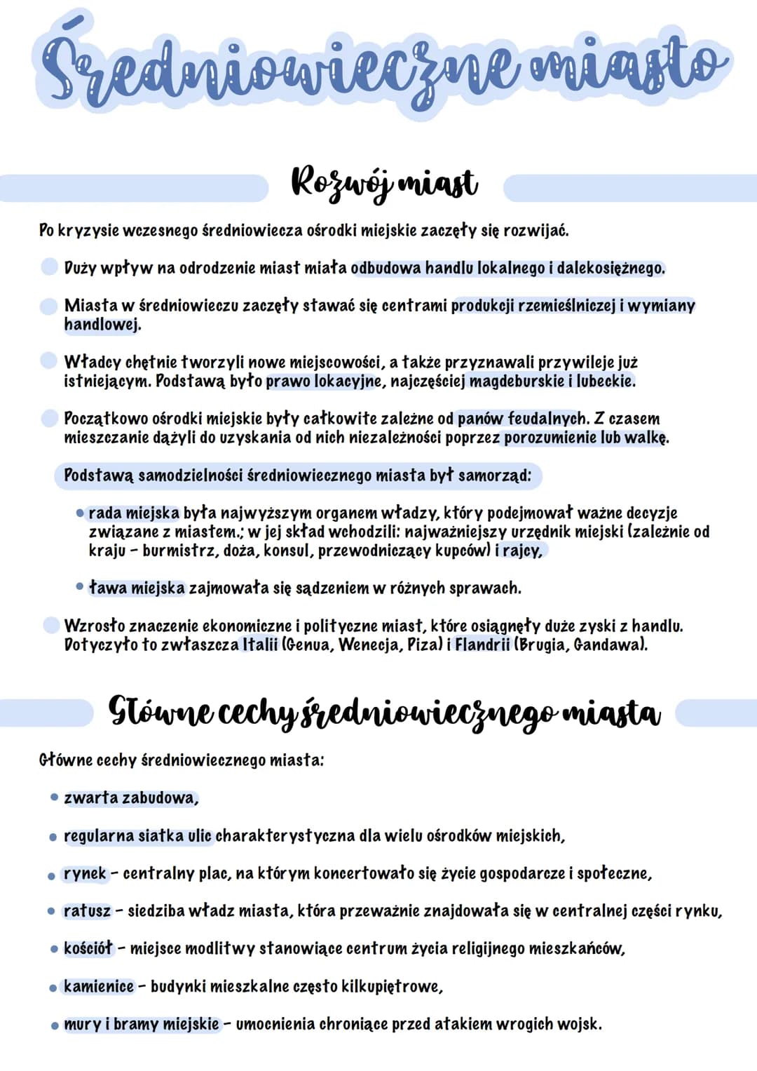 Średniowieczne miasto
Rozwojmiast
Po kryzysie wczesnego średniowiecza ośrodki miejskie zaczęły się rozwijać.
Duży wpływ na odrodzenie miast 