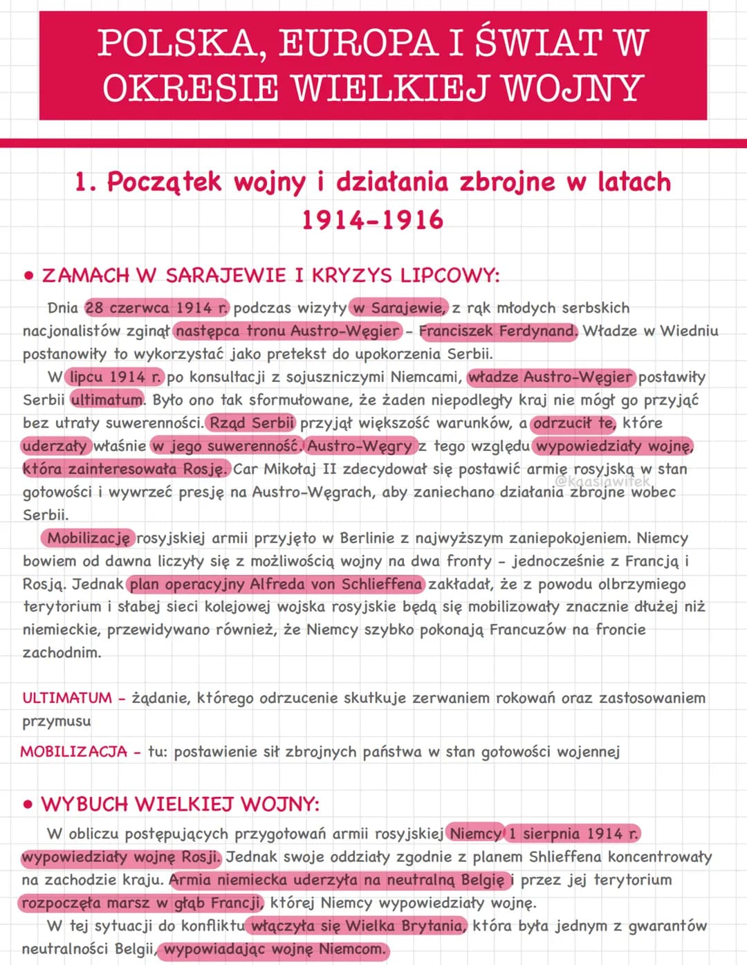 POLSKA, EUROPA I ŚWIAT W
OKRESIE WIELKIEJ WOJNY
1. Początek wojny i działania zbrojne w latach
1914-1916
.ZAMACH W SARAJEWIE I KRYZYS LIPCOW