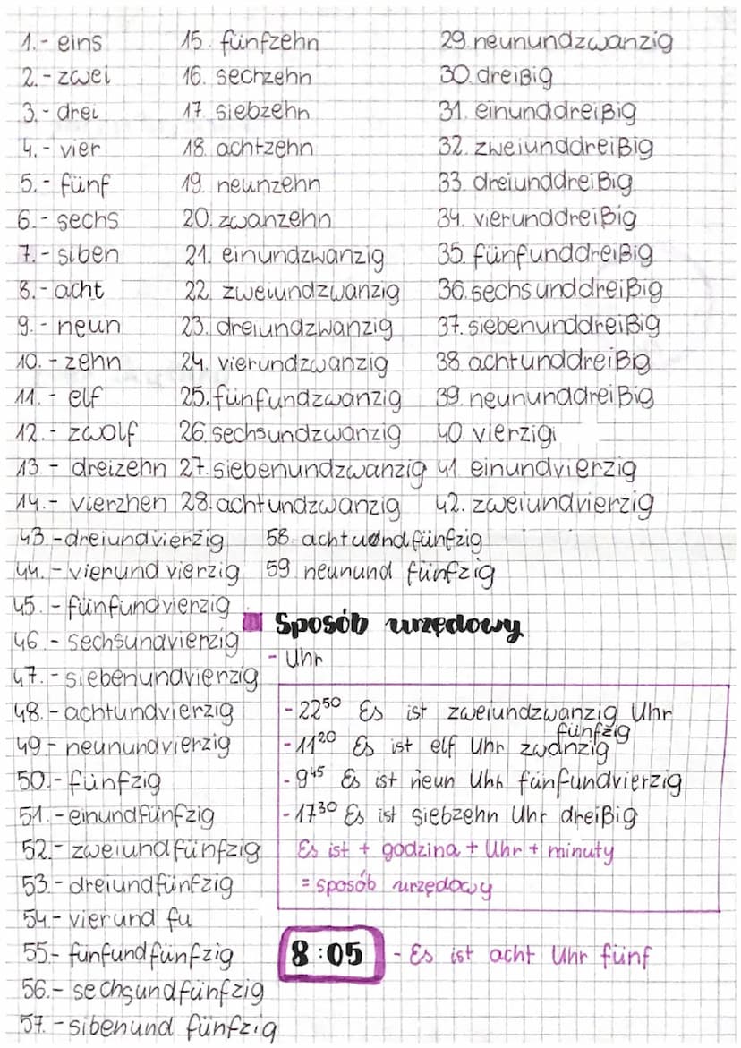 Niemiecki
∙Czas. godziny
Podstawowe pytania
Wie spät ist es? - Ktora godzina?
1 Wie viel Uhr ist es? - Która godzina?
Es ist.
Jest
-905 - Es