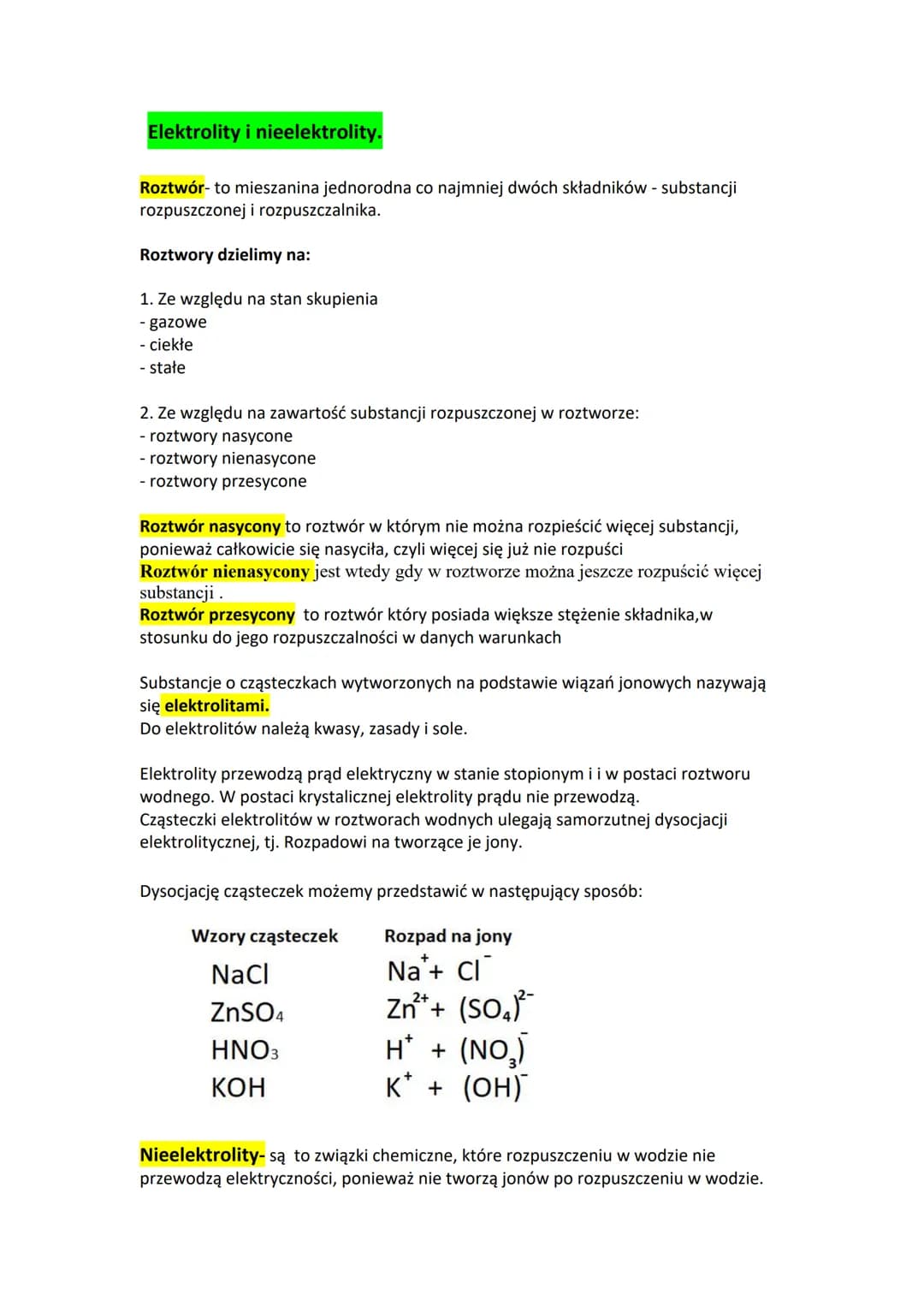 Elektrolity i nieelektrolity.
Roztwór- to mieszanina jednorodna co najmniej dwóch składników - substancji
rozpuszczonej i rozpuszczalnika.
R