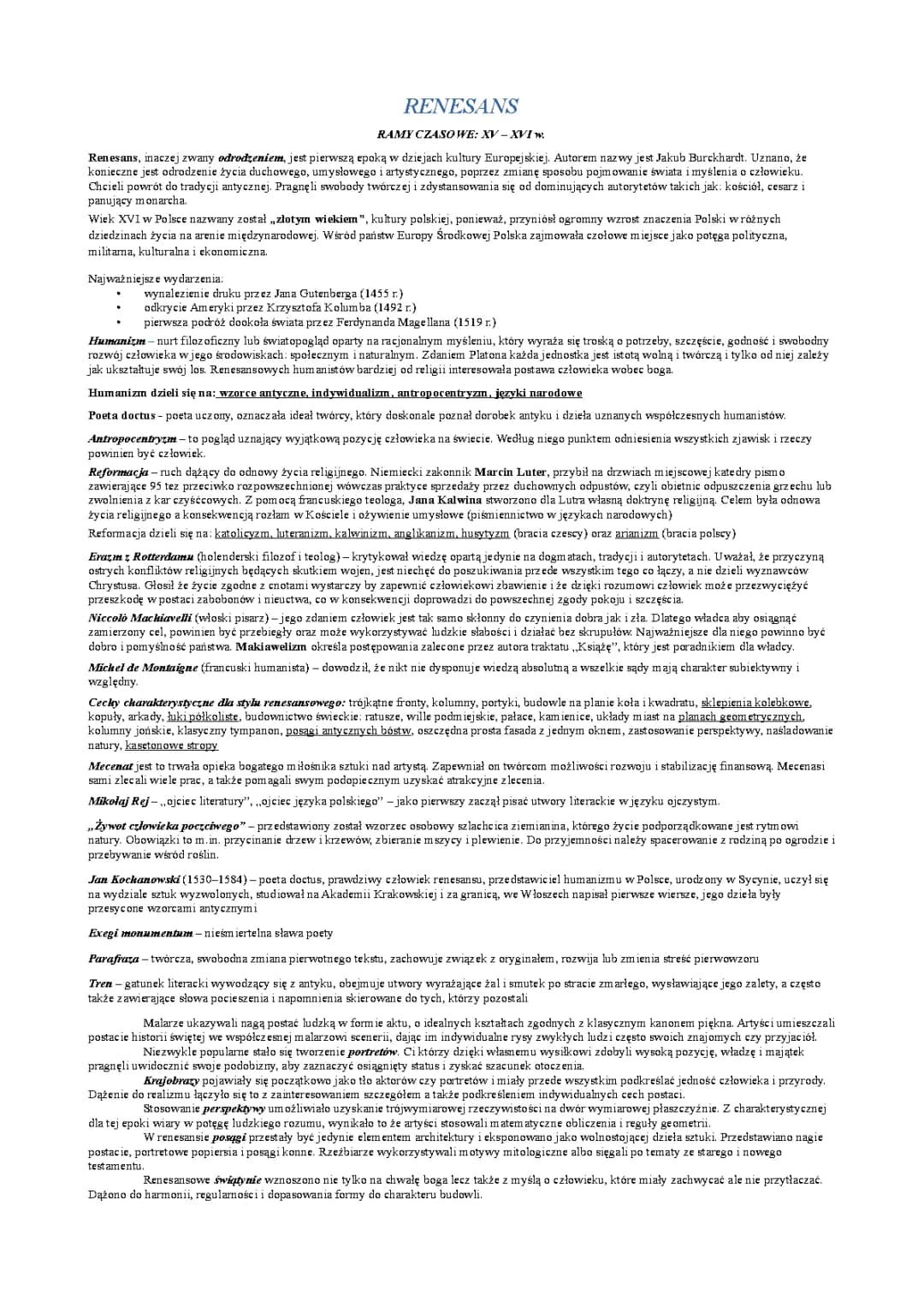 Renesans: Najważniejsze informacje dla licealistów - Notatka graficzna