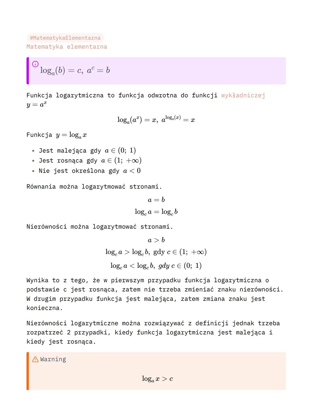 #MatematykaElementarna
Matematyka elementarna
Ⓡ
Funkcja logarytmiczna to funkcja odwrotna do funkcji wykładniczej
y = a*
log(b) = c, a = b
F
