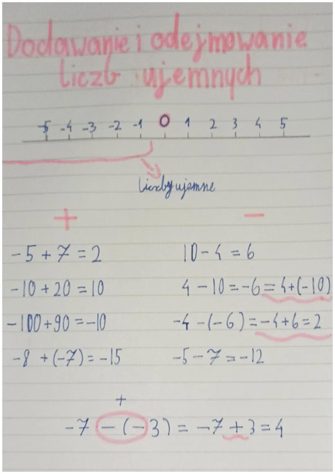 Dodawanie i odejmowanie
Liczb ujemnych
$ -4 -3 -2 -1 0 1
lively ujemne
2345
+
-5+7=2
10-4=6
-10+20=10
4-10=-6=4+ (-10)
-100+90=-10
-4-(-6)=-