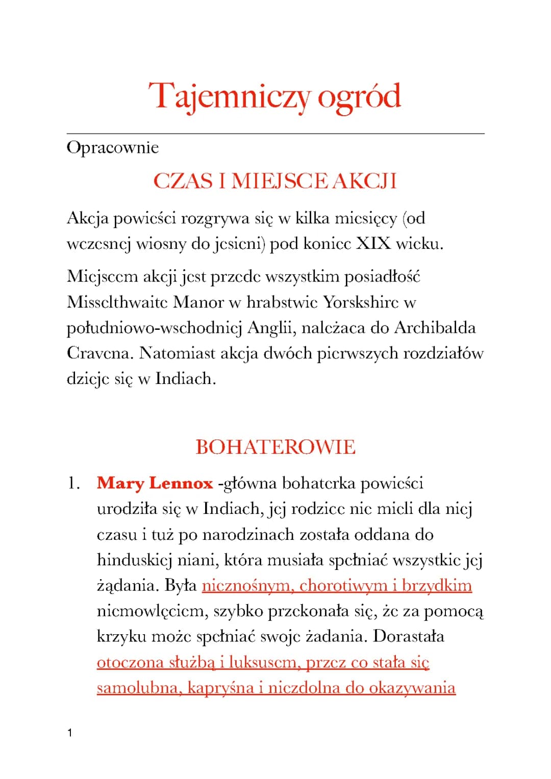 Opracowanie "Tajemniczy ogród" Frances Hodgson Burnett