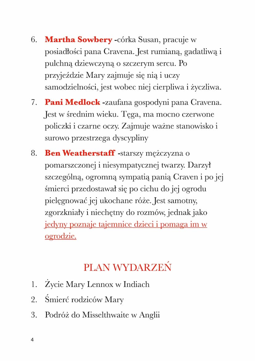 Tajemniczy ogród
Opracownie
CZAS I MIEJSCE AKCJI
Akcja powieści rozgrywa się w kilka miesięcy (od
wczesnej wiosny do jesieni) pod koniec XIX