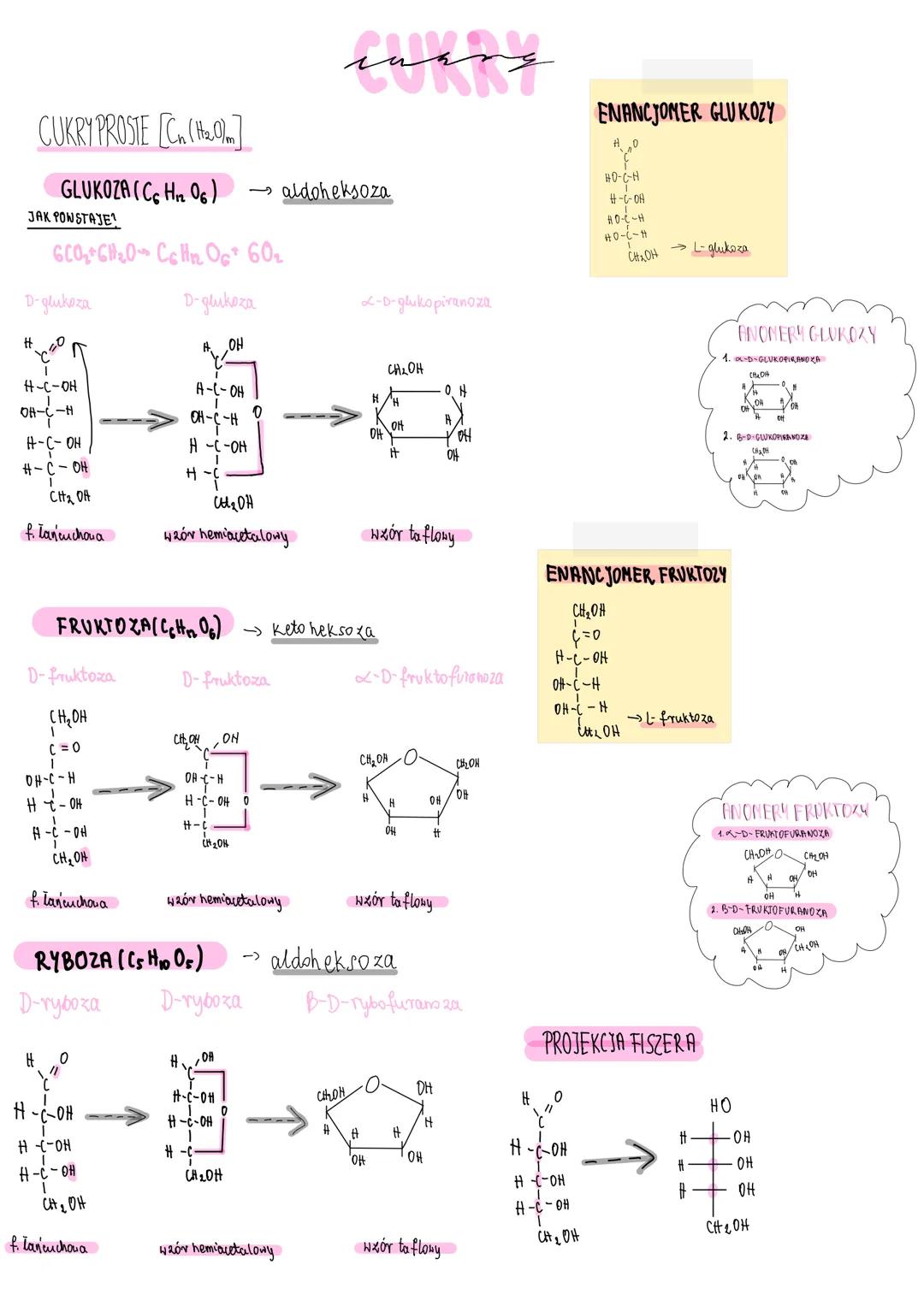 # CUKRY

CUKRY PROSTE [$C_n(H_2O)_m$]

ENANCJOMER GLUKOZY

GLUKOZA ($C_6H_{12}O_6$) $\rightarrow$ aldoheksoza

JAK POWSTAJE?

$6CO_2 + 6H_2O
