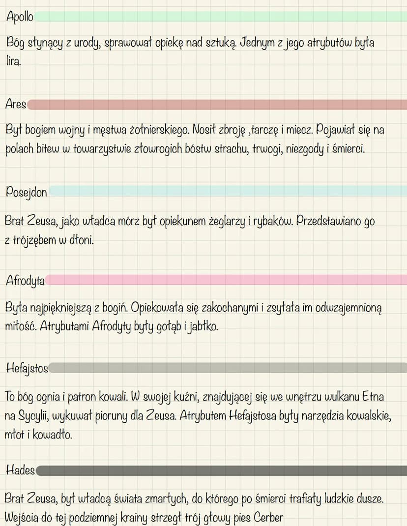 Apollo
Bóg słynący z urody, sprawował opiekę nad sztuką. Jednym z jego atrybutów była
lira.
Ares
Był bogiem wojny i męstwa żołnierskiego. No