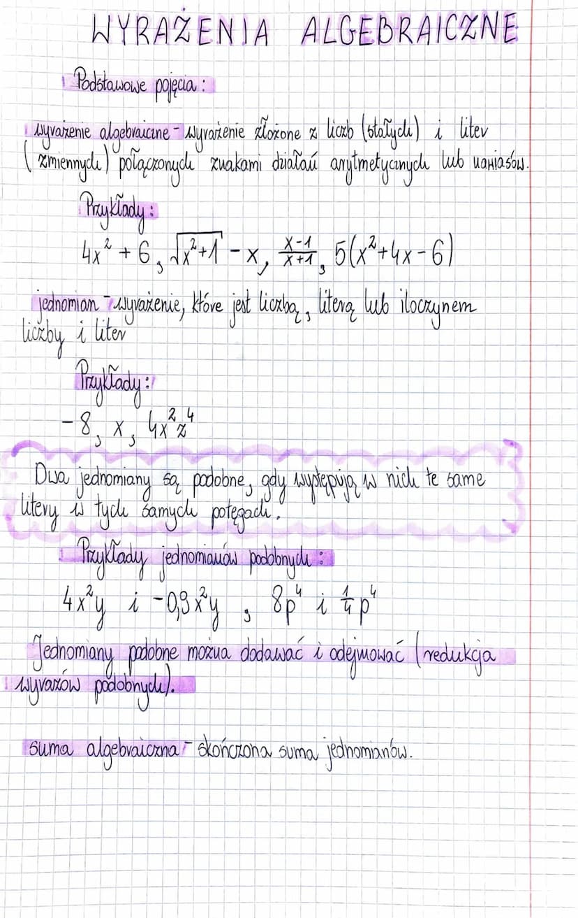WYRAZENIA ALGEBRAICZNE
Podstawowe pojęcia:
syvażenie algebraicine - Wyrazenie złożone z liczb (stałych) i liter
zmiennyde) połączonyce zvaka