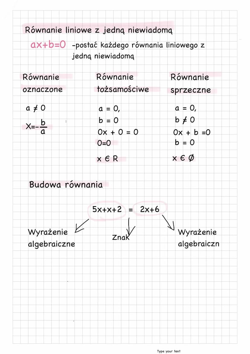 Równania z jedną niewiadomą
Równanie z jedną nieawiadomą
to równość dwóch wyrażeń
algebraicznych w których
występuje dokładnie jedna
nieawia