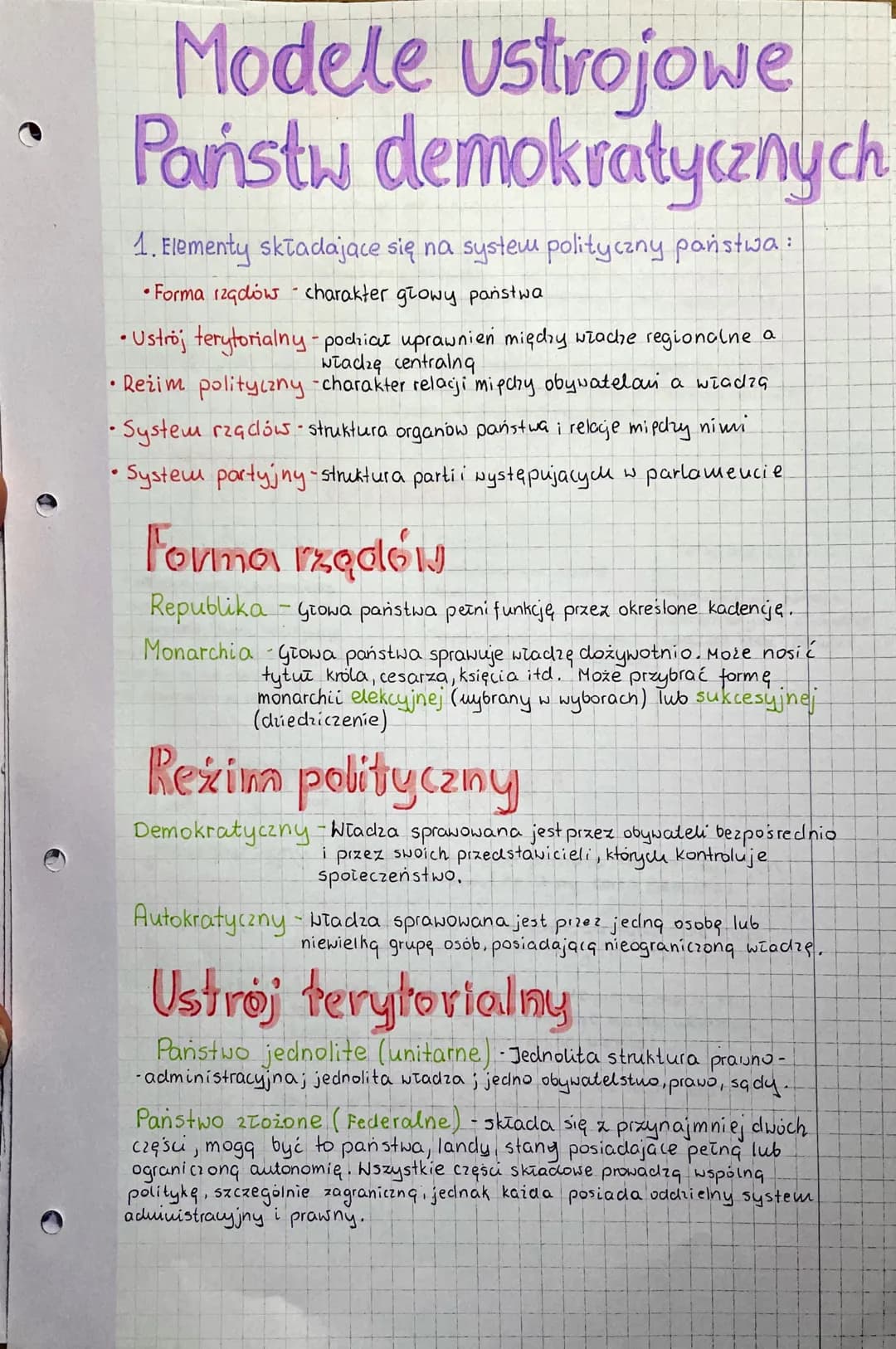 <h2 id="modeleustrojowepastwdemokratycznych">Modele ustrojowe państw demokratycznych</h2>
<p>Wymień główne cechy współczesnych ustrojów demo