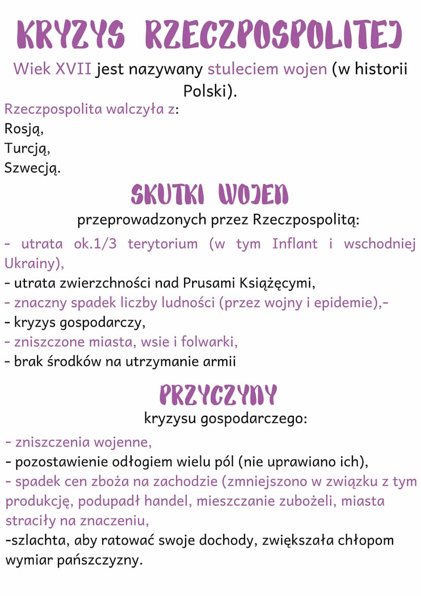 KRYZYS RZECZPOSPOLITEJ
Wiek XVII jest nazywany stuleciem wojen (w historii
Polski).
Rzeczpospolita walczyła z:
Rosją,
Turcją,
Szwecją.
SKUTK