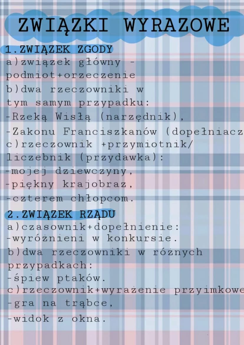 ZWIĄZKI WYRAZOWE
1. ZWIĄZEK ZGODY
a) związek główny
podmiot+orzeczenie
b)dwa rzeczowniki w
tym samym przypadku:
Rzeką Wisłą (narzędnik),
- Z