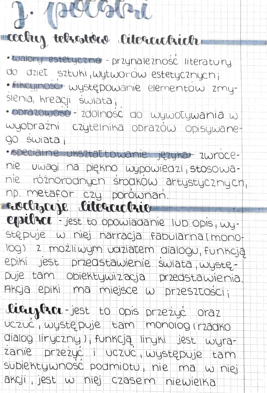 J. polstri
cechy tebretów literackich
• walory estetyczne - przynależnośc literatury
do dzieł sztuki, wytworow estetycznych;
fikcyjnosc wyst