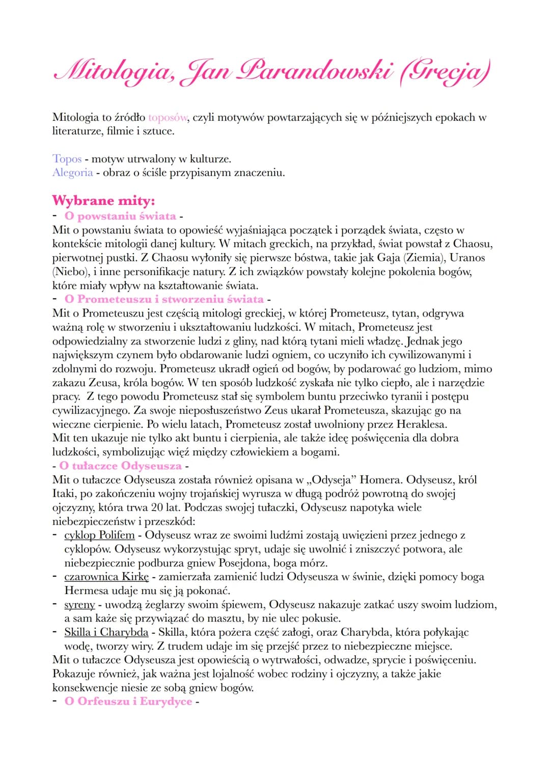 --- OCR Start ---
Mitologia, Jan Parandowski (Grecja)
Mitologia to źródło toposów, czyli motywów powtarzających się w późniejszych epokach w