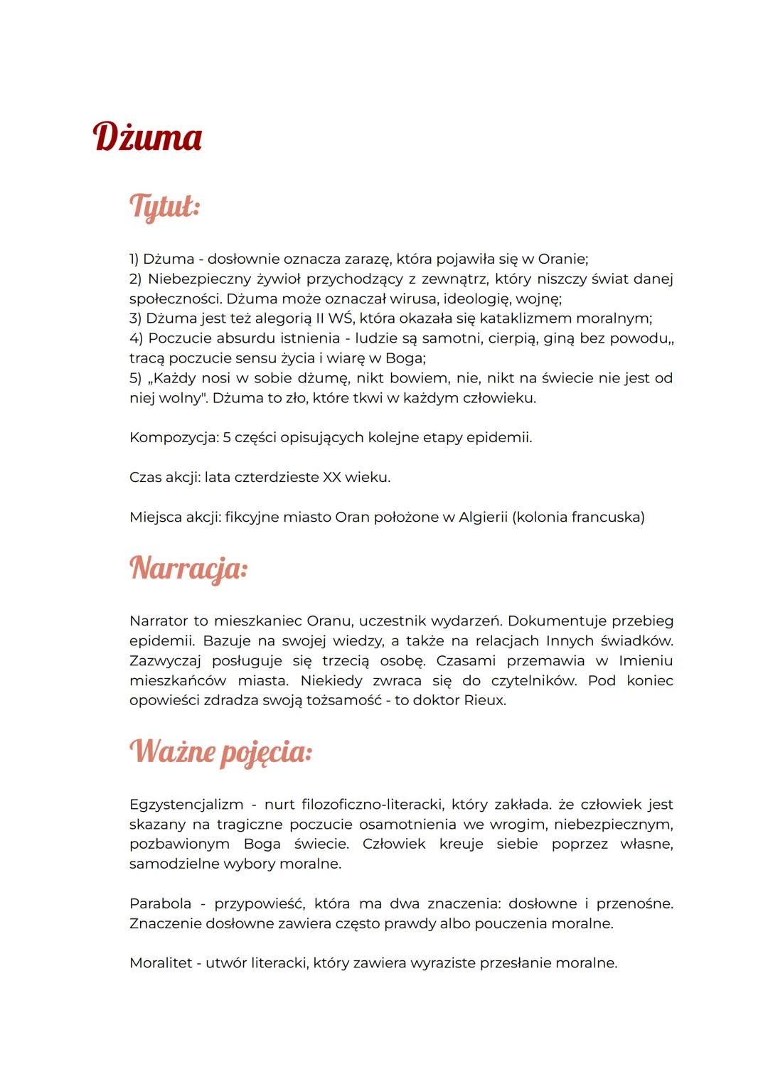 Dżuma
Tytuł:
1) Dżuma - dosłownie oznacza zarazę, która pojawiła się w Oranie;
2) Niebezpieczny żywioł przychodzący z zewnątrz, który niszcz