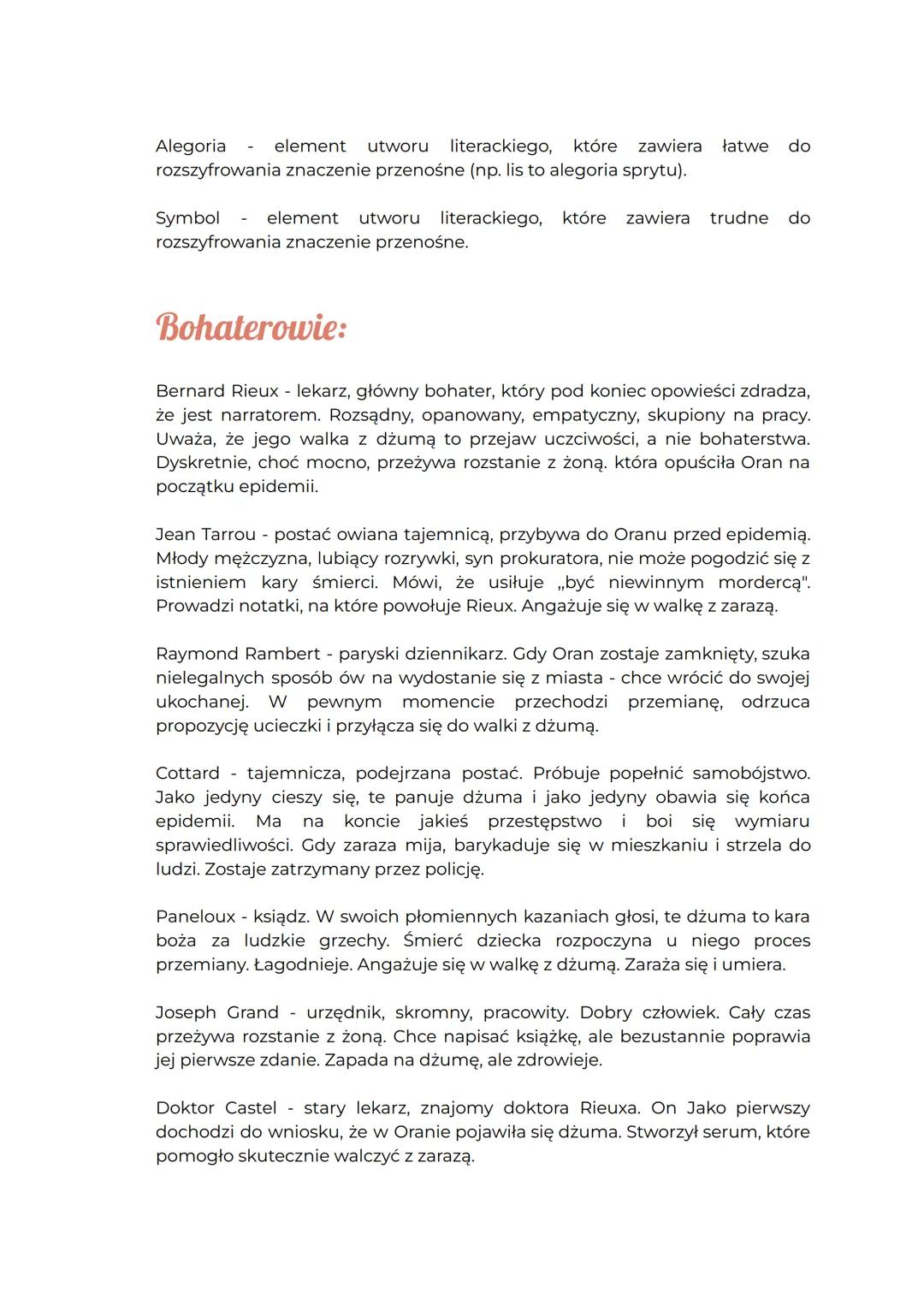 Dżuma
Tytuł:
1) Dżuma - dosłownie oznacza zarazę, która pojawiła się w Oranie;
2) Niebezpieczny żywioł przychodzący z zewnątrz, który niszcz