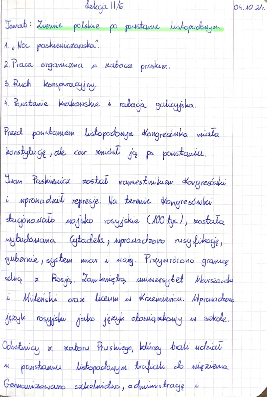 Lekcja 11/6
Temat: Ziemie polskie po posstanie listopadowym.
1. Noc paskiewiczawska".
()
2. Praca organiczna zaborze pruskum.
3. Ruch konspi