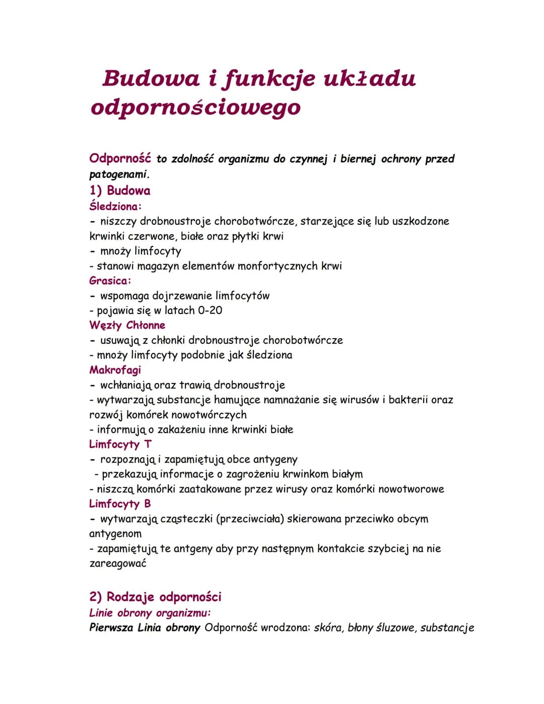 Budowa i funkcje układu
odpornościowego
Odporność to zdolność organizmu do czynnej i biernej ochrony przed
patogenami.
1) Budowa
Śledziona:
