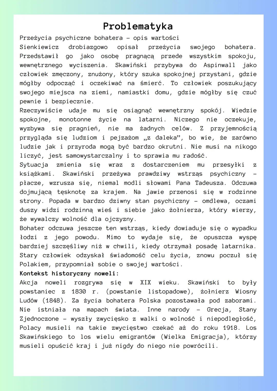 # LEKTURY

Latarnik

```
Gatunek: Epika (nowela)
czas akcji: lata 70 XIX
wieku
Miejsce akcji: Wysepka u
brzegów miasteczka
Aspinwall; w pobl