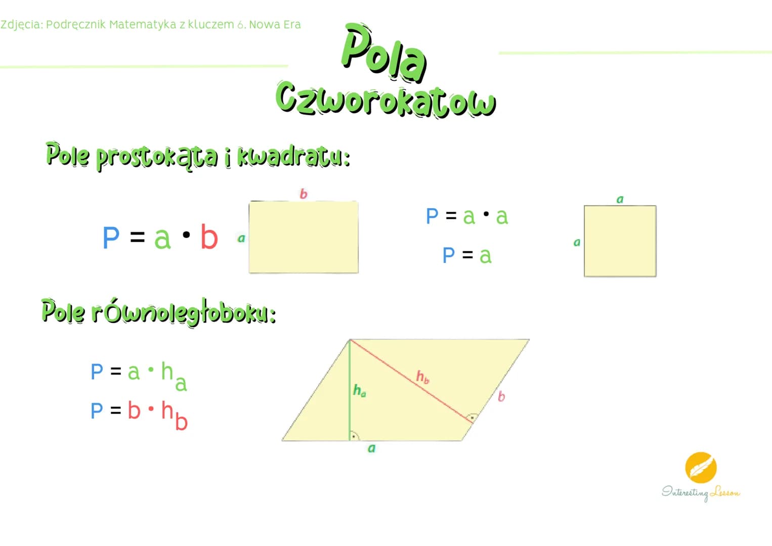 Zdjęcia: Podręcznik Matematyka z kluczem 6. Nowa Era
Pole prostokąta i kwadratu:
P=a.b
Pola
Czworokatow
co
Pole równoległoboku:
p=a•ha
p=b⋅h