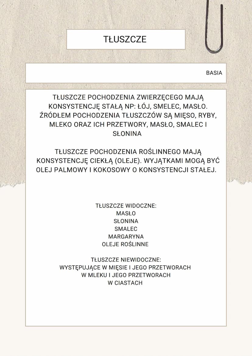 TŁUSZCZE- LIPIDY
TŁUSZCZE
BASIA
TŁUSZCZE- INACZEJ LIPIDY TO ESTRY WYŻSZYCH KWASÓW
TŁUSZCZOWYCH I GLICEROLU. DZIELA SIĘ NA PROSTE I
ZŁOŻONE I