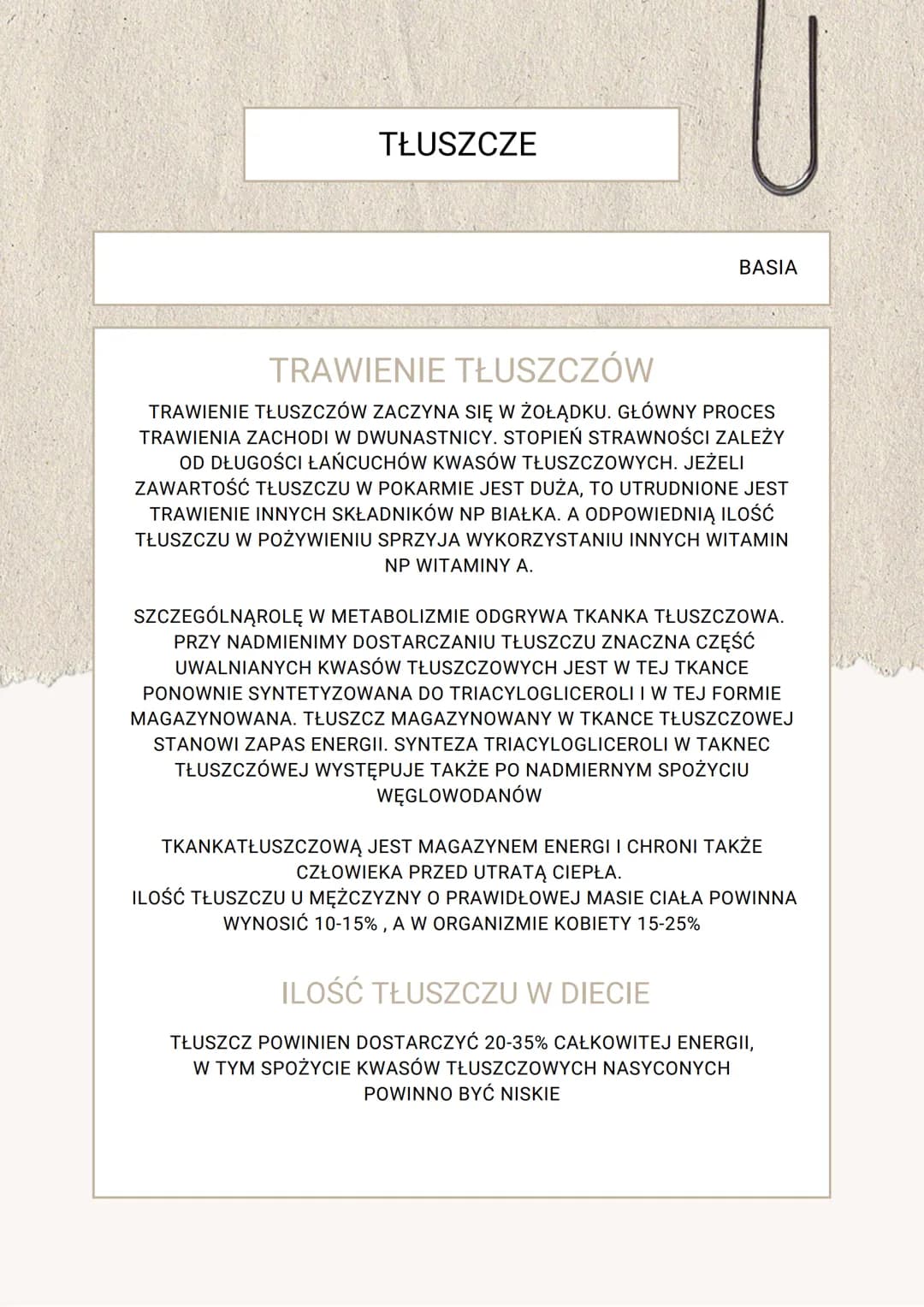 TŁUSZCZE- LIPIDY
TŁUSZCZE
BASIA
TŁUSZCZE- INACZEJ LIPIDY TO ESTRY WYŻSZYCH KWASÓW
TŁUSZCZOWYCH I GLICEROLU. DZIELA SIĘ NA PROSTE I
ZŁOŻONE I