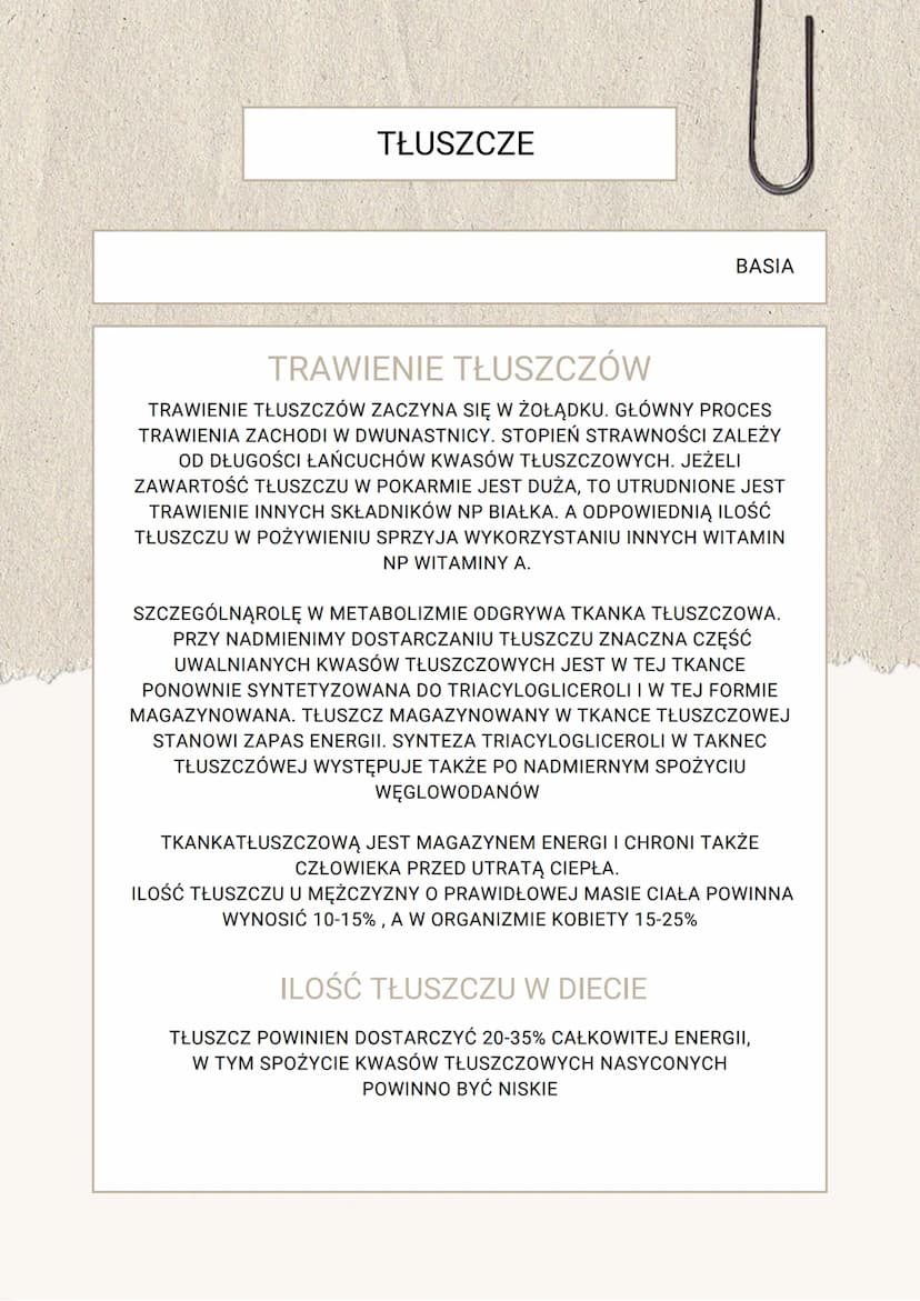 TŁUSZCZE- LIPIDY
TŁUSZCZE
BASIA
TŁUSZCZE- INACZEJ LIPIDY TO ESTRY WYŻSZYCH KWASÓW
TŁUSZCZOWYCH I GLICEROLU. DZIELA SIĘ NA PROSTE I
ZŁOŻONE I