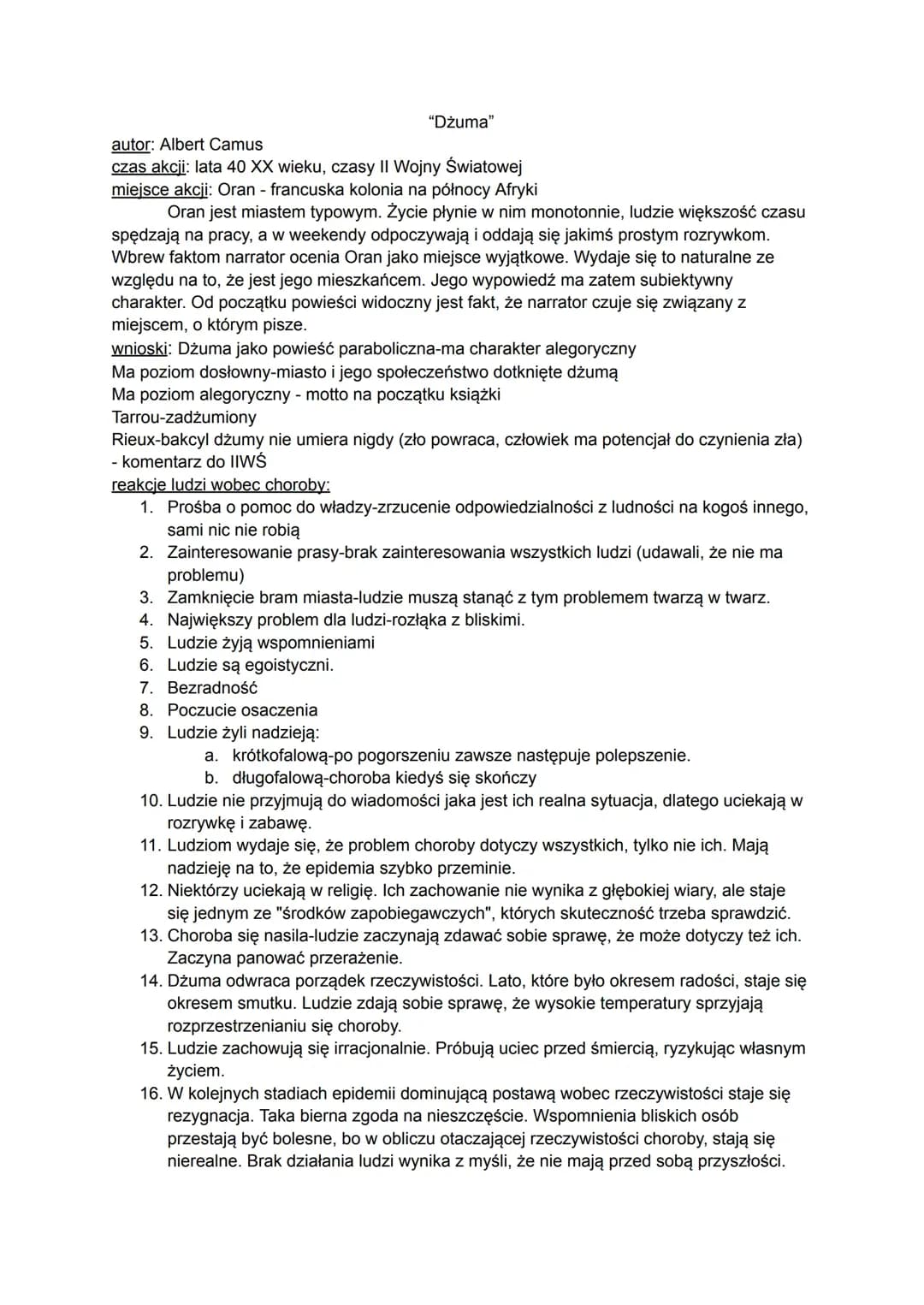A.Camus "Dżuma" - najważniejsze informacje, problematyka, charakterystyka bohaterów 
