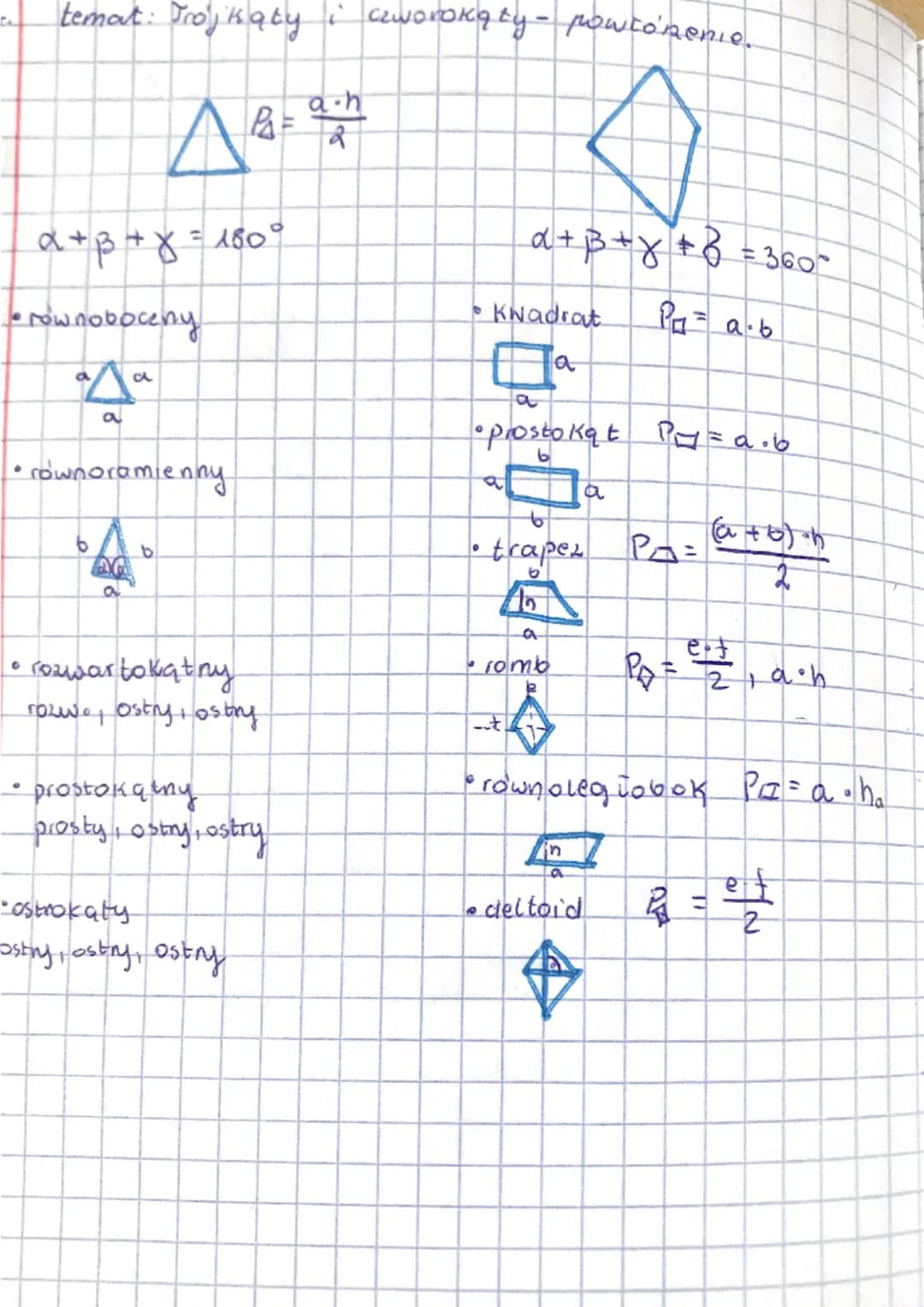 temat: Trojkaty i czworokąty - pow co'nenie.
A
α+B+x+8 = 360°
P₁ = a∙b
0
a +³ + x = 180°
rownoboczny
a
AB-a-h
2
a
• równoramienny
$4.
b
rozw