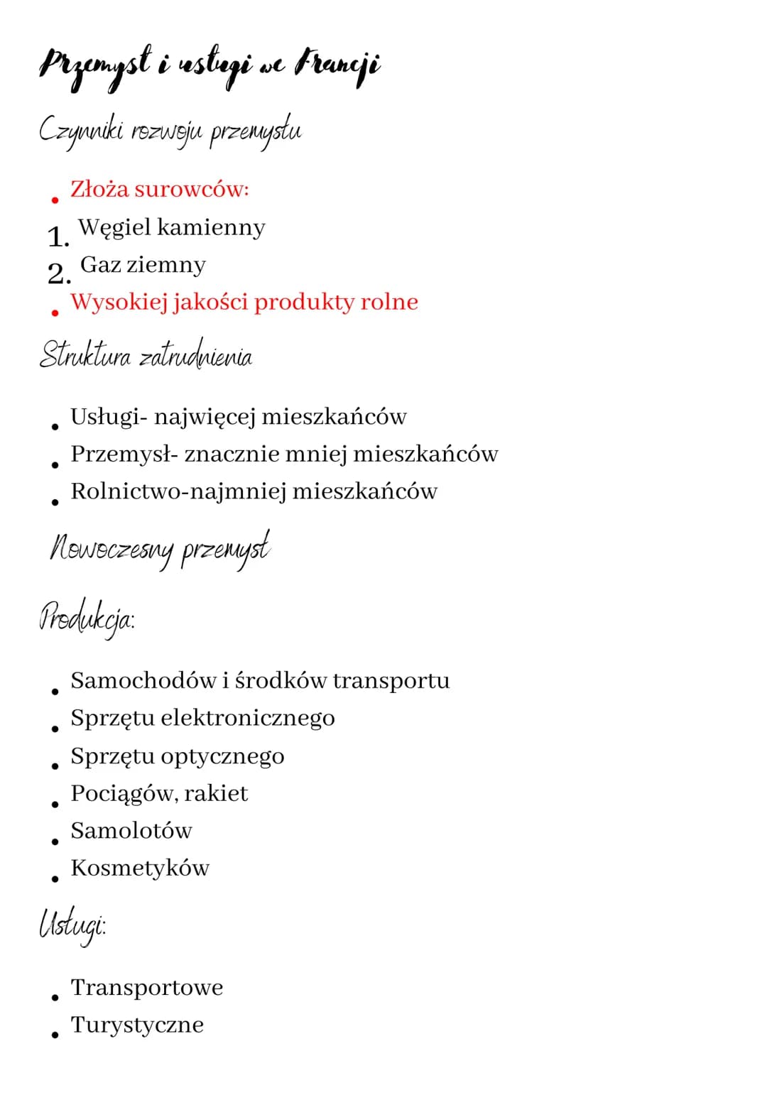 Przemyst i esbagi we Francji
Czynniki rozwoju przemysłu
Złoża surowców:
1. Węgiel kamienny
2. Gaz ziemny
. Wysokiej jakości produkty rolne
S