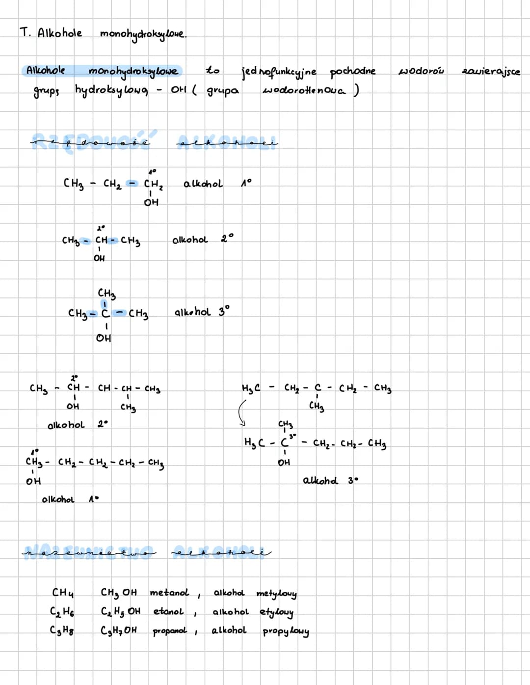 T. Alkohole
Alkohole
grups hydroksylowa
CH₂
rzędowość
CH₂
CH₂ - CH₂
OH
monohydroksylowe.
2°
CH-
monohydroksylowe
alkohol
alkohol
CH3
CH3-C-C