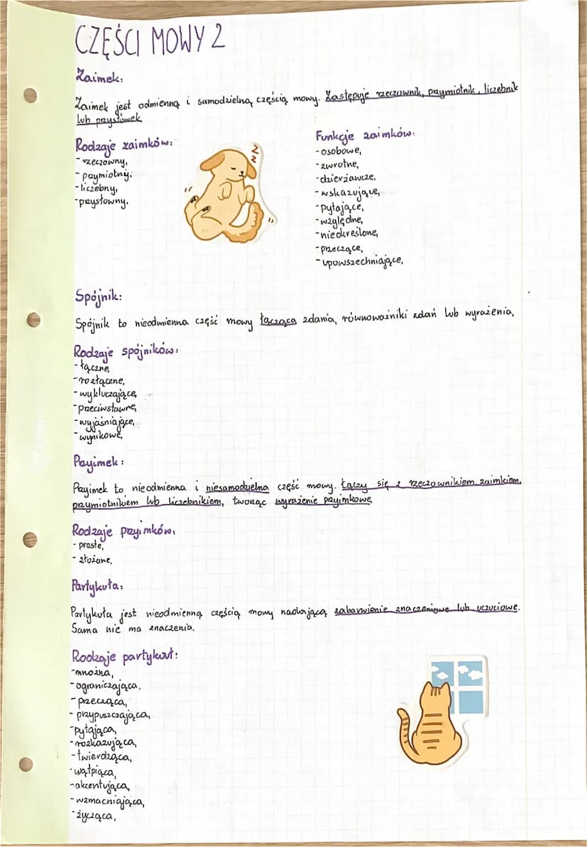 CZĘŚCI MOWY
Rzeczownik:
Rzeczownik odmienia się przez przypadki i liczby. Odpowiada na
osoby, rezy, zwierzęta, vośliny, miejsca, pojęcia, zj