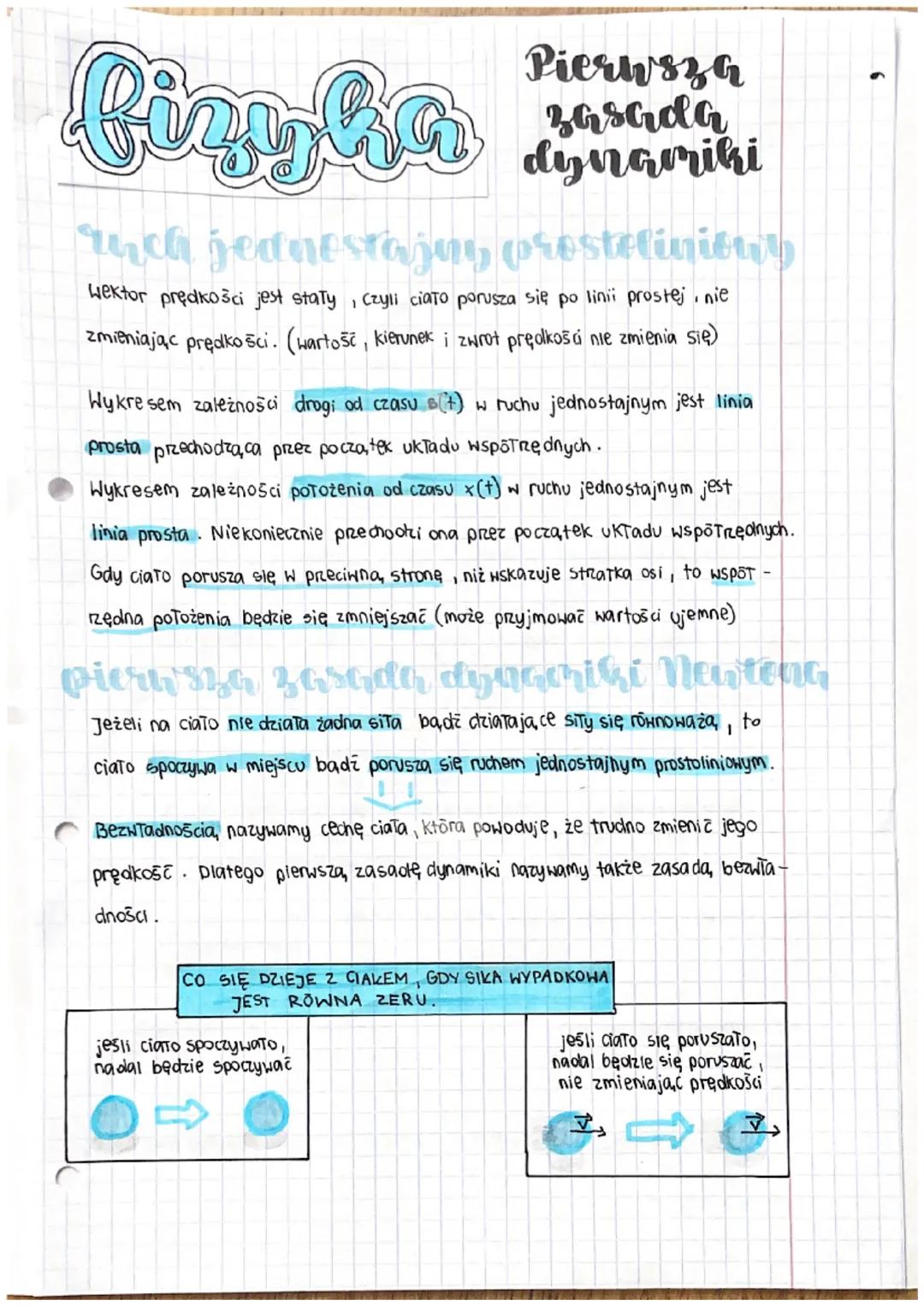 fizyha
Pierwsza
zasada
dynamiki
auch
jednostajny prosteliniony
Wektor prędkości jest stały, czyli ciato porusza się po linii prostej, nie
zm