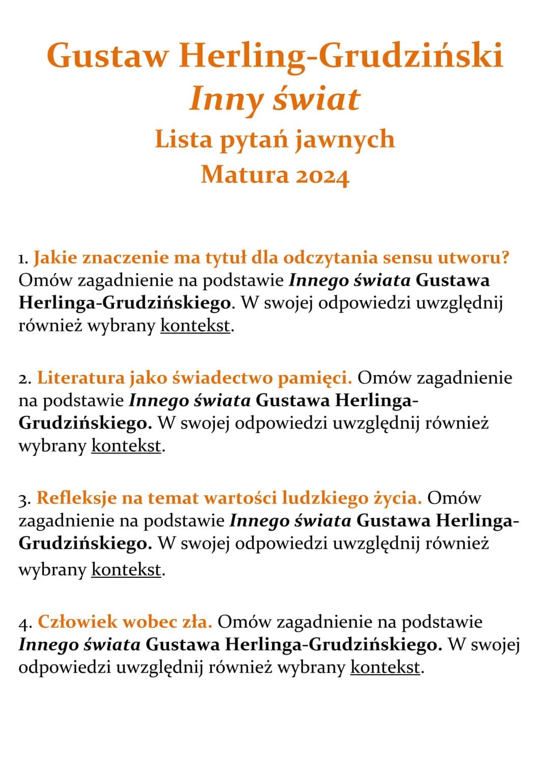 
<p>Gustaw Herling-Grudziński<br />
Inny świat</p>
<h2 id="pytaniajawnematura2024">Pytania jawne matura 2024</h2>
<h3 id="pytanie1jakieznacz