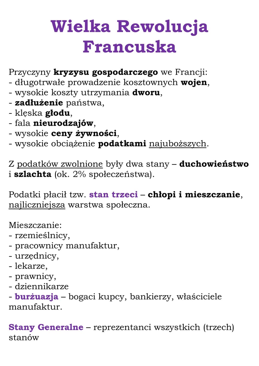 Wielka Rewolucja
Francuska
Przyczyny kryzysu gospodarczego we Francji:
- długotrwałe prowadzenie kosztownych wojen,
- wysokie koszty utrzyma