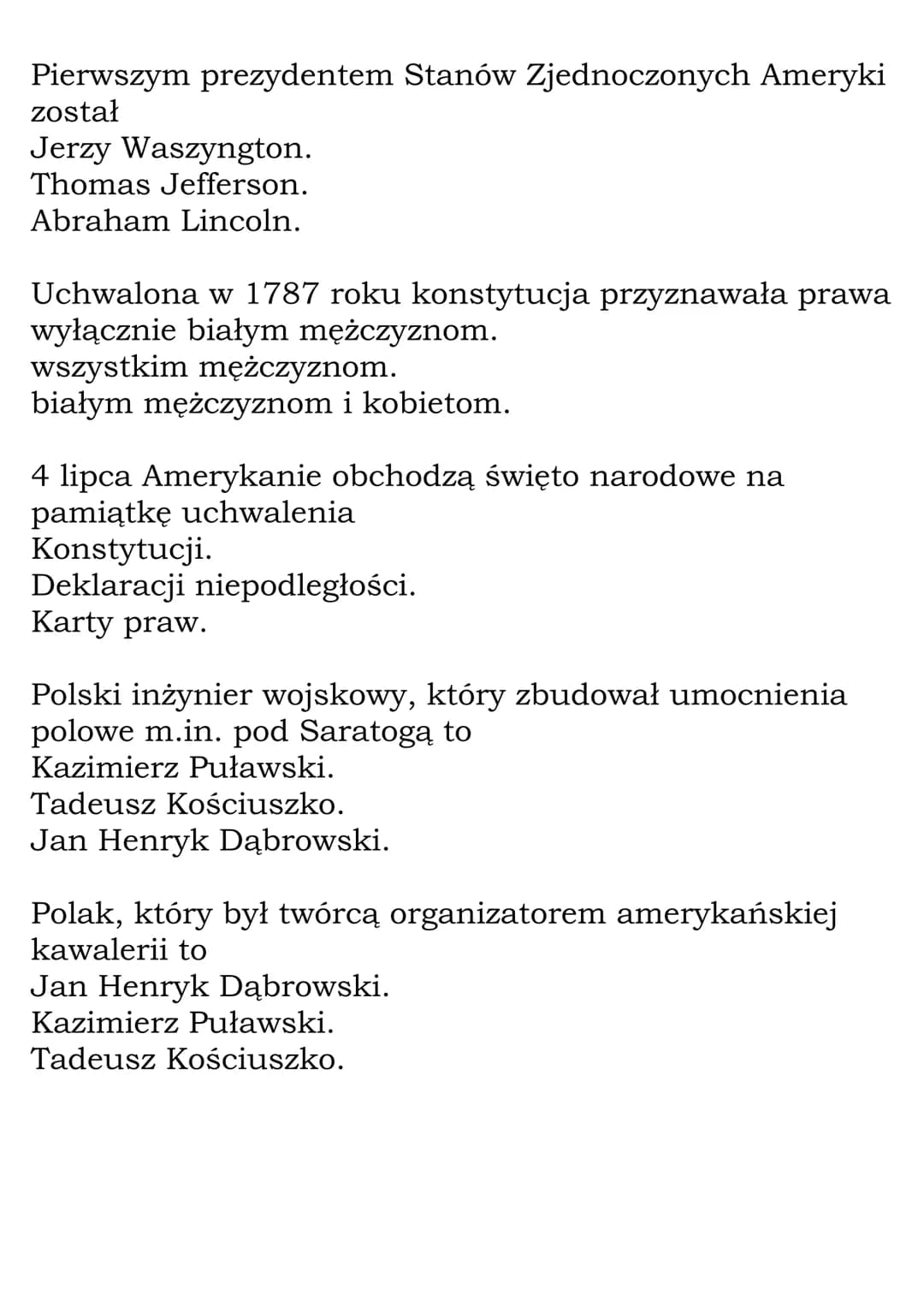 Powstanie Stanów
Zjednoczonych Ameryki -
Test
W połowie XVIII wieku w Ameryce Północnej istniało 13
kolonii
brytyjskich.
francuskich.
hiszpa