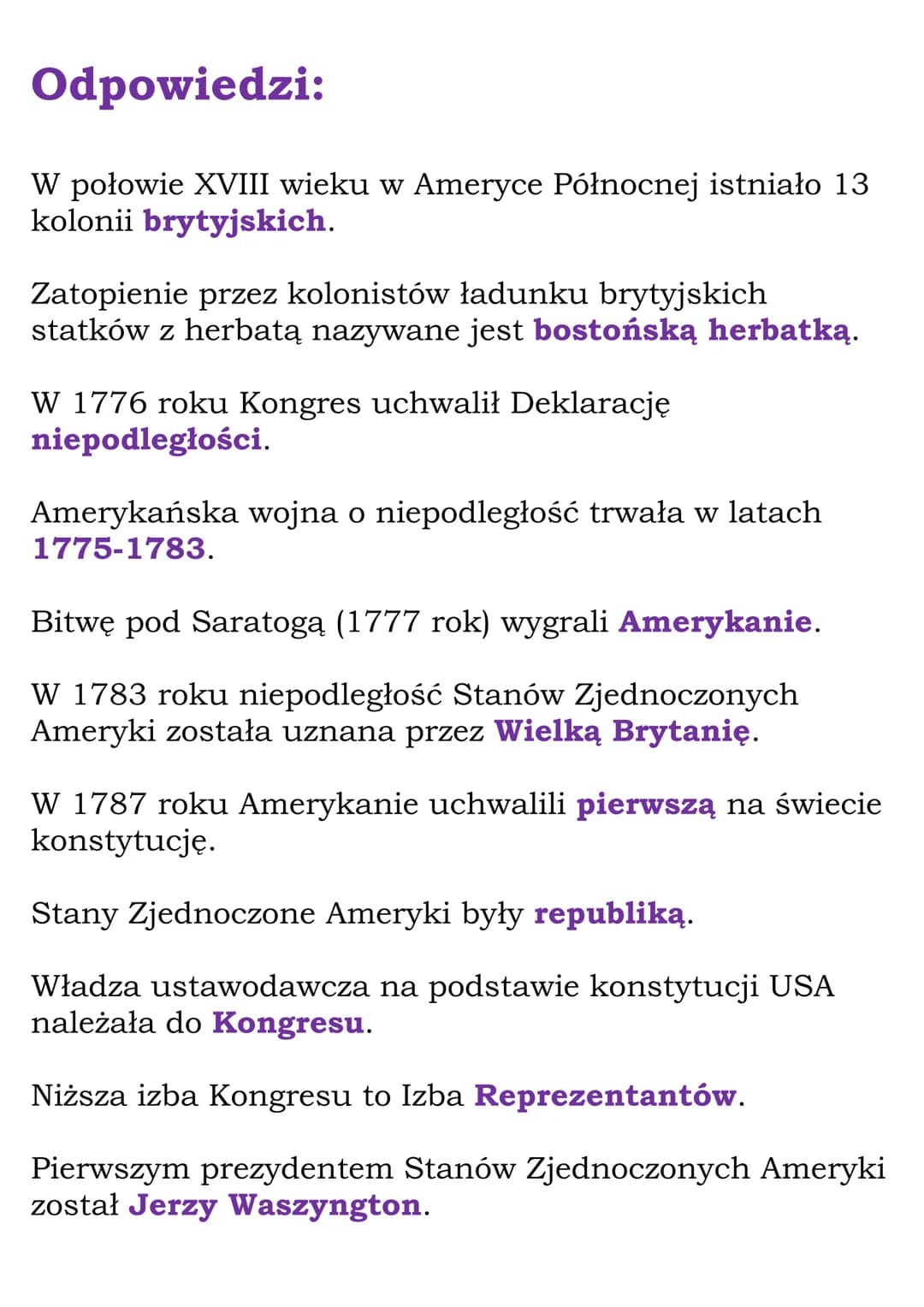 Powstanie Stanów
Zjednoczonych Ameryki -
Test
W połowie XVIII wieku w Ameryce Północnej istniało 13
kolonii
brytyjskich.
francuskich.
hiszpa