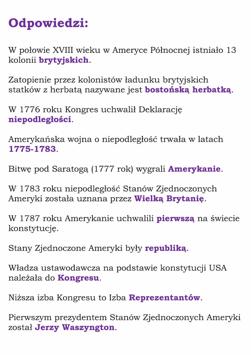 Powstanie Stanów
Zjednoczonych Ameryki -
Test
W połowie XVIII wieku w Ameryce Północnej istniało 13
kolonii
brytyjskich.
francuskich.
hiszpa